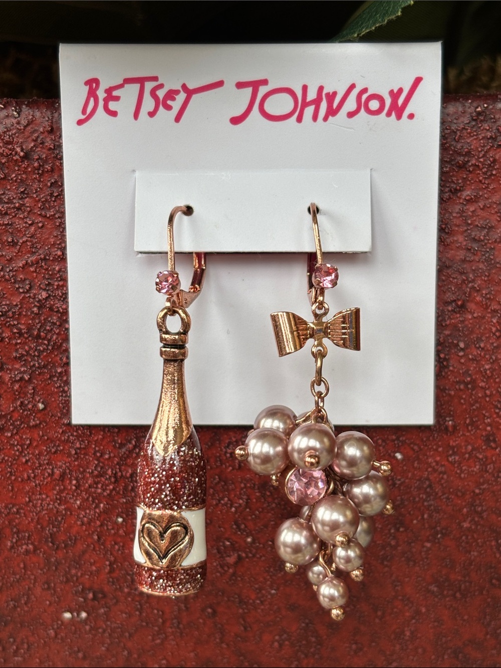 Betsey Johnson Rose Gold Tone Mismatched Drop Earrings Champagne Bubbly Sparkly